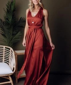 BB Custom Roma Satin Maxi Dress | Rust Dresses