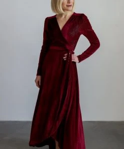 BB Custom Serena Shimmer Velvet Wrap Dress | Merlot