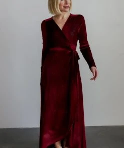 BB Custom Serena Shimmer Velvet Wrap Dress | Merlot