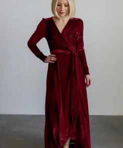 BB Custom Serena Shimmer Velvet Wrap Dress | Merlot