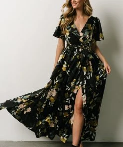 BB Custom Sicily Satin Maxi Dress | Black Floral Dresses