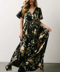 BB Custom Sicily Satin Maxi Dress | Black Floral Dresses