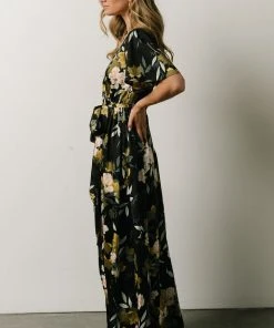 BB Custom Sicily Satin Maxi Dress | Black Floral Dresses