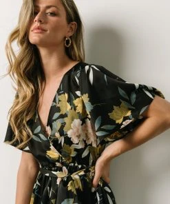 BB Custom Sicily Satin Maxi Dress | Black Floral Dresses