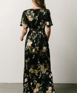 BB Custom Sicily Satin Maxi Dress | Black Floral Dresses