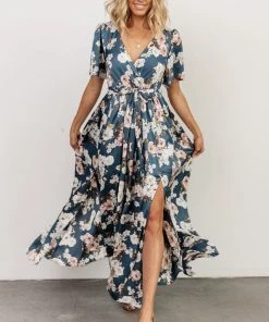 BB Custom Dresses Sicily Satin Maxi Dress | Blue Floral