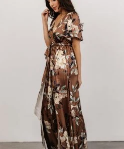BB Custom Sicily Satin Maxi Dress | Mocha Floral Dresses