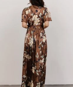 BB Custom Sicily Satin Maxi Dress | Mocha Floral Dresses