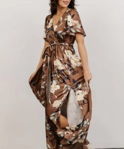 BB Custom Sicily Satin Maxi Dress | Mocha Floral Dresses