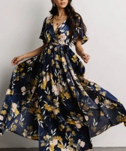 BB Custom Sicily Satin Maxi Dress | Navy Floral