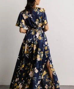 BB Custom Sicily Satin Maxi Dress | Navy Floral