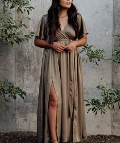 BB Custom Dresses Sicily Satin Maxi Dress | Olive