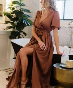 BB Custom Sicily Satin Maxi Dress | Rosy Brown
