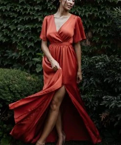 BB Custom Sicily Satin Maxi Dress | Rust