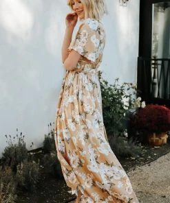 BB Custom Sicily Satin Maxi Dress | Taupe Floral Dresses