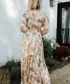 BB Custom Sicily Satin Maxi Dress | Taupe Floral Dresses
