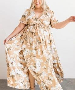 BB Custom Sicily Satin Maxi Dress | Taupe Floral Dresses