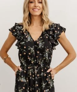 KM Silvia Ruffle Jumpsuit | Black Floral Mother Of The Bride