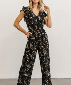 KM Silvia Ruffle Jumpsuit | Black Floral Mother Of The Bride