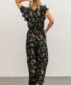 KM Silvia Ruffle Jumpsuit | Black Floral Mother Of The Bride