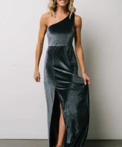 BB Custom Maxi Dresses Tatiana Velvet One Shoulder Maxi Dress | Slate Blue