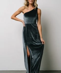 BB Custom Maxi Dresses Tatiana Velvet One Shoulder Maxi Dress | Slate Blue