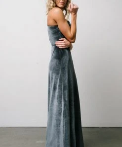 BB Custom Maxi Dresses Tatiana Velvet One Shoulder Maxi Dress | Slate Blue