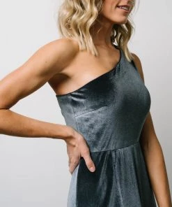 BB Custom Maxi Dresses Tatiana Velvet One Shoulder Maxi Dress | Slate Blue