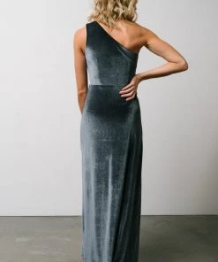 BB Custom Maxi Dresses Tatiana Velvet One Shoulder Maxi Dress | Slate Blue