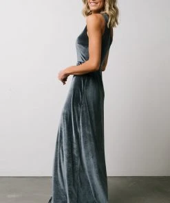 BB Custom Maxi Dresses Tatiana Velvet One Shoulder Maxi Dress | Slate Blue