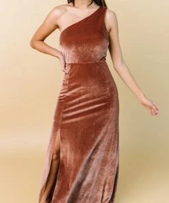 BB Custom Dresses Tatiana Velvet One Shoulder Maxi Dress | Bronze