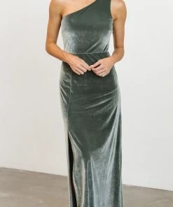 BB Custom Dresses Tatiana Velvet One Shoulder Maxi Dress | Eucalyptus