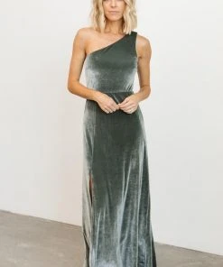 BB Custom Dresses Tatiana Velvet One Shoulder Maxi Dress | Eucalyptus