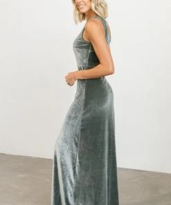 BB Custom Dresses Tatiana Velvet One Shoulder Maxi Dress | Eucalyptus
