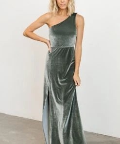 BB Custom Dresses Tatiana Velvet One Shoulder Maxi Dress | Eucalyptus
