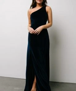 BB Custom Tatiana Velvet One Shoulder Maxi Dress | Navy Dresses