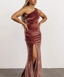 BB Custom Tatiana Velvet One Shoulder Maxi Dress | Rose