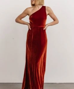 BB Custom Dresses Tatiana Velvet One Shoulder Maxi Dress | Rust