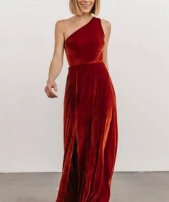 BB Custom Dresses Tatiana Velvet One Shoulder Maxi Dress | Rust 17 BB Custom Dresses Tatiana Velvet One Shoulder Maxi Dress | Rust
