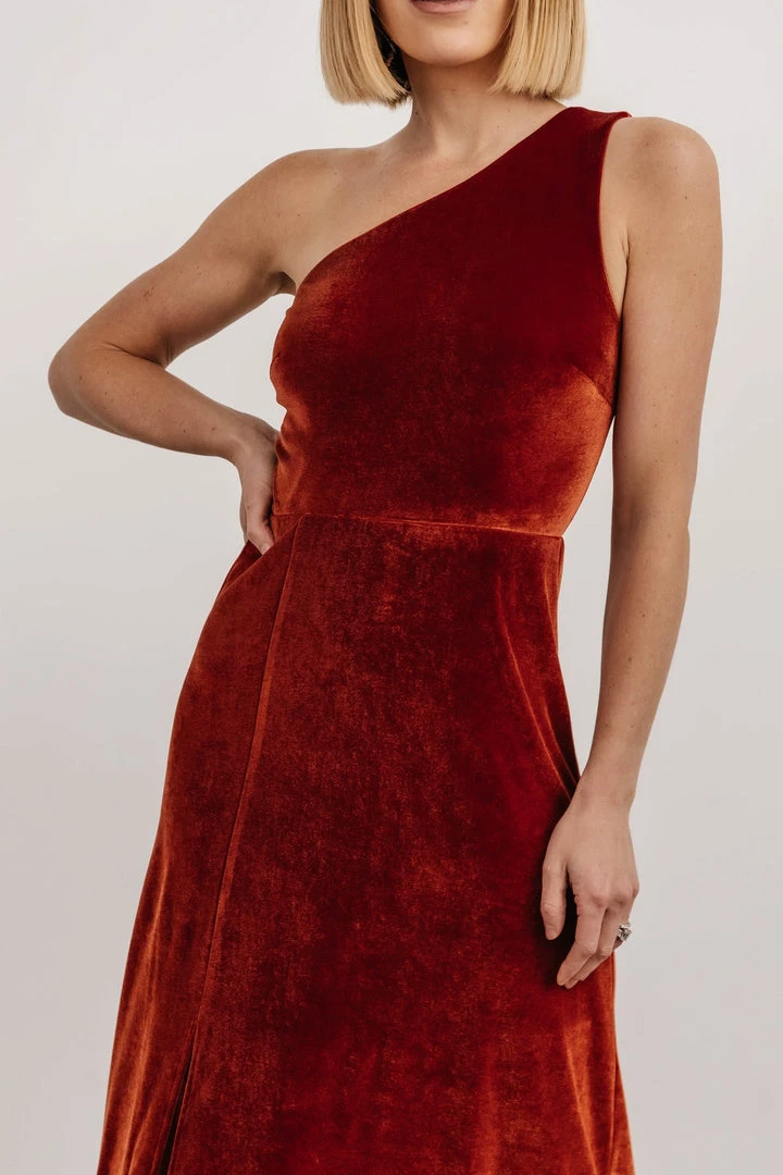BB Custom Dresses Tatiana Velvet One Shoulder Maxi Dress | Rust 10 BB Custom Dresses Tatiana Velvet One Shoulder Maxi Dress | Rust
