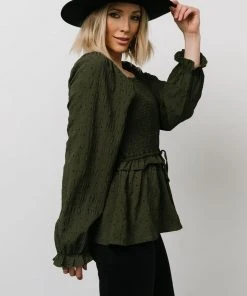 HAY Tops Trey Smocked Top | Olive