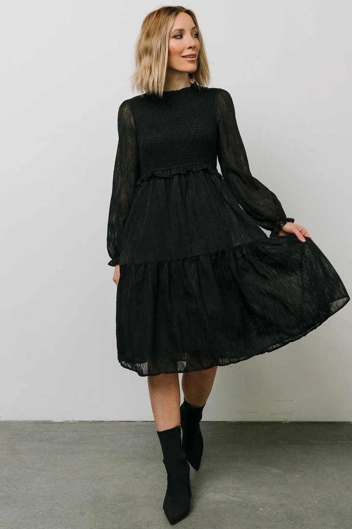 HAY Trinity Smocked Dotted Midi Dress | Black Dresses 3 HAY Trinity Smocked Dotted Midi Dress | Black Dresses