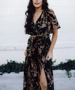 BB Custom Uma Velvet Maxi Dress | Green Floral