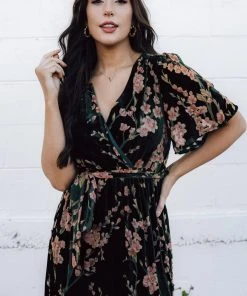 BB Custom Uma Velvet Maxi Dress | Green Floral