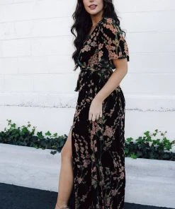 BB Custom Uma Velvet Maxi Dress | Green Floral