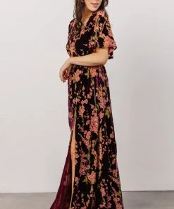 BB Custom Uma Velvet Maxi Dress | Plum Floral Dresses