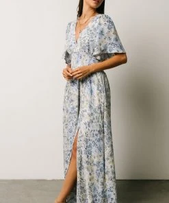 BB Custom Verona Smocked Maxi Dress | White + Blue Print Dresses