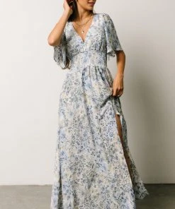 BB Custom Verona Smocked Maxi Dress | White + Blue Print Dresses