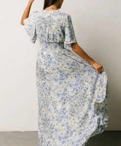 BB Custom Verona Smocked Maxi Dress | White + Blue Print Dresses