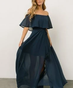 BB Custom Victoria Off Shoulder Maxi Dress | Navy Dresses